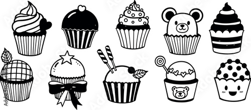 Black and white line art cupcakes set with decorative toppings and cute bear face illustration style collection