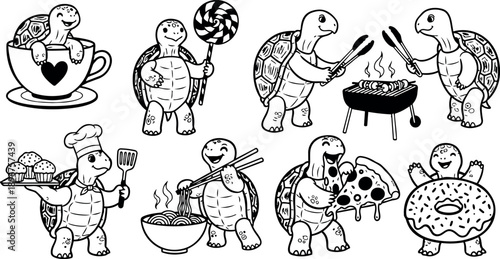 Cute black and white cartoon turtles cooking holding cup lollipop grilling chef birthday food illustrations collection