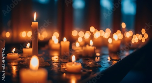 Warm ambiance of multiple candles with soft light on a dark background