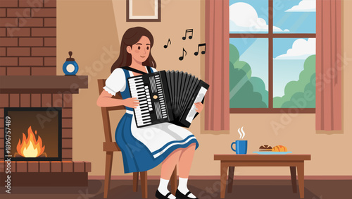 Vector illustration of a woman playing traditional folk music on an accordion by a crackling fireplace, evoking a cozy and heartwarming home atmosphere