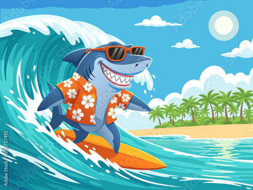 Vibrant vector illustration of a surfing dolphin riding a wave near a tropical island from a dynamic viewpoint