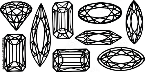 Line art illustration set of various diamond shapes and cuts isolated on white background black outline detailed style