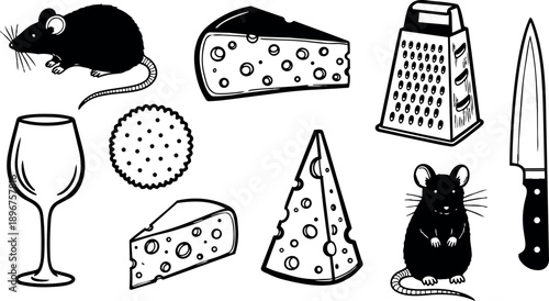 Black and white line art of rats with cheese slices, cracker, wine glass, grater, and kitchen knife isolated on white background