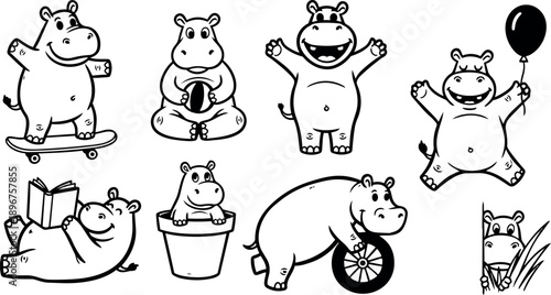 Cute hippo cartoon characters skateboarding reading holding balloon playing with ball and hiding behind grass black and white line art