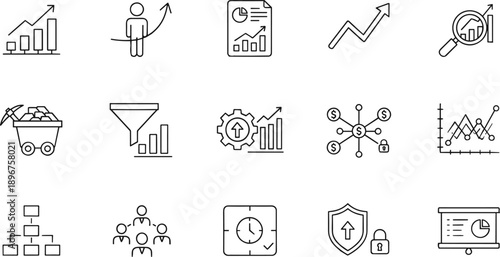 Business analytics and growth line icons vector set, finance marketing strategy symbols, data analysis outline illustration collection