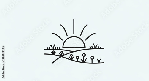 Simple sunrise landscape with hills and plants minimalist line drawing in black