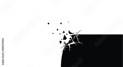 Dynamic visual of a sharp edge disintegrating, abstract fragments whisking across high-contrast background