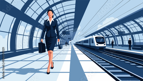 Professional business woman walking at modern train station platform, a dynamic vector illustration of urban commute and travel