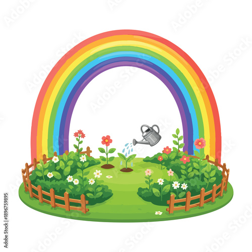 Whimsical cartoon garden scene with bright rainbow watering can nurturing a sprout and colorful spring flowers