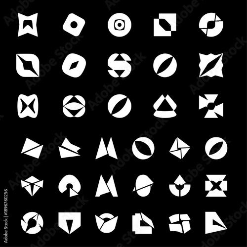 Vector abstract geometric shapes icon set. White minimal modern design elements on black background for logo, branding, UI, app, website