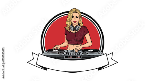 Vibrant female DJ with headphones at turntables, a dynamic vector illustration showcasing music, party entertainment, and modern graphic design for events