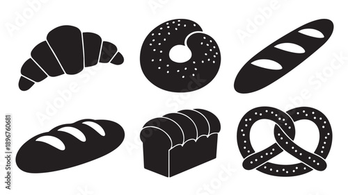 Baked Goods Black Silhouette Icons Set with Croissant Bagel Baguette Pretzel Bread Loaf Isolated on White