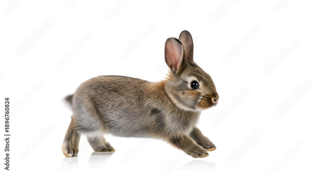 Obraz premium An adorable fluffy brown rabbit hops gracefully in mid-motion, its soft fur and delicate whiskers highlighted against a clean white background, embodying youthful energy and natural charm