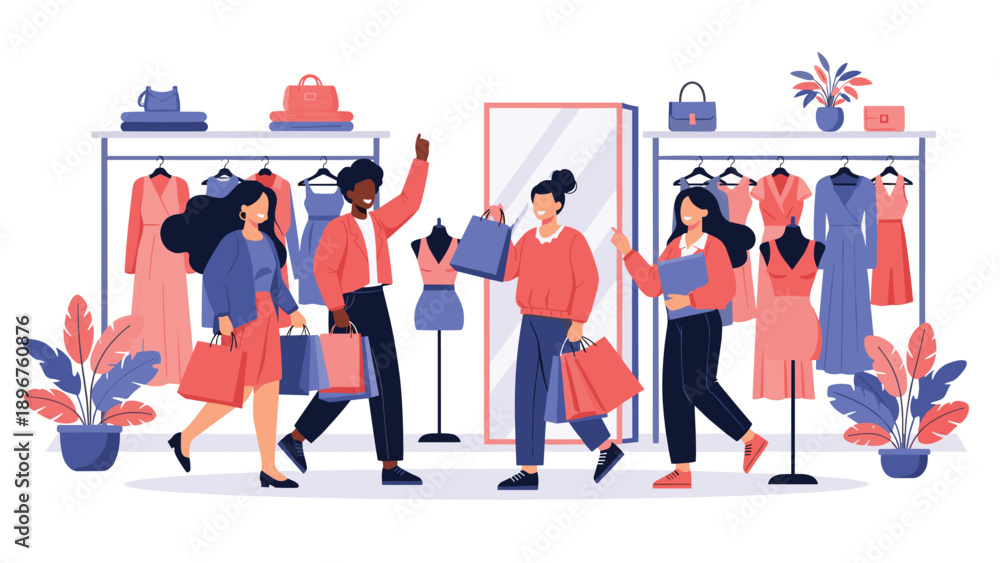Fototapeta premium Diverse group of friends shopping for clothes in a modern boutique with racks, mirrors, and shopping bags.