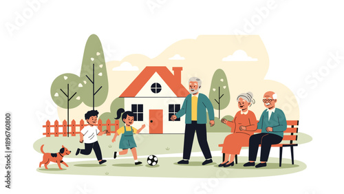 Elderly couple sitting on a park bench watching their grandchildren play soccer with a pet dog in front of a cozy house.