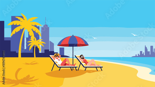 Man and woman relaxing on deck chairs under a sun umbrella on a sandy beach with a city skyline and ocean in background.