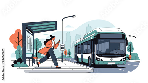 Woman in a coat running to catch a modern green and white city bus at a stop with a tall skyscraper background.