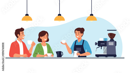 Smiling barista serving coffee to a young couple at a modern cafe bar with an espresso machine and warm lighting.
