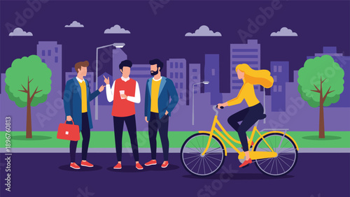 Group of men talking on a city sidewalk while a woman rides a bicycle past them at night with a city skyline background.