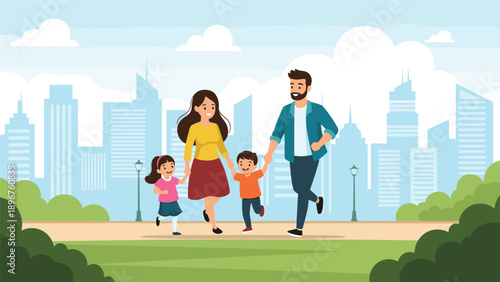 Happy family with two children running and playing together in a city park with a blue skyscraper skyline background.