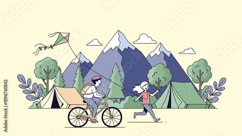 Children playing, cycling, and running in a mountain campsite with tents, pine trees, and snow-capped peaks background.