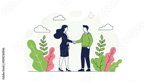 Business professional man and woman shaking hands to seal a deal in a creative nature-themed background with leaves.