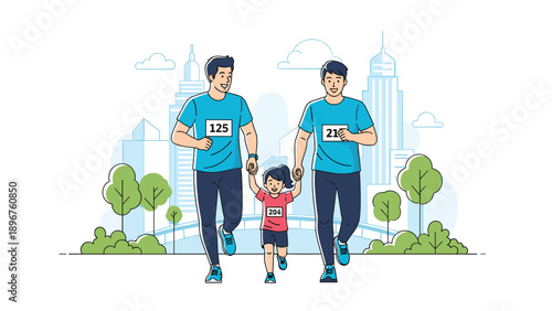 Two men and a young girl running a city marathon together with bib numbers and a modern urban bridge background.