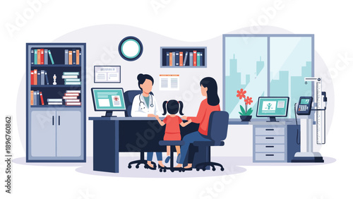 Female doctor in a white coat consulting with a mother and her young daughter in a modern medical office with bookshelves.