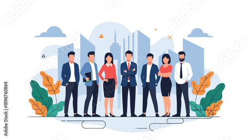 Professional business team of diverse men and women standing together in a modern city skyline background illustration.