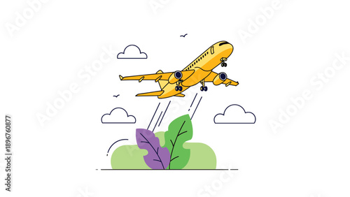 Commercial yellow airplane taking off into the sky above stylized clouds and green leaves on a clean white background.