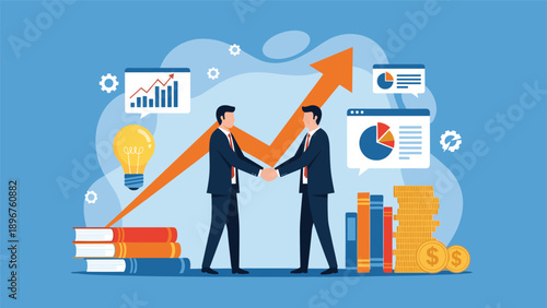 Successful businessmen shaking hands in front of a rising growth arrow and financial data icons for a corporate deal.