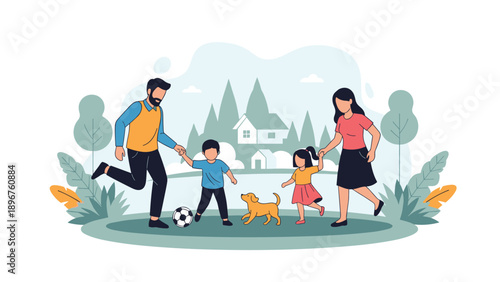 Happy family playing soccer with their pet dog in a beautiful park with mountains and a residential house backdrop.