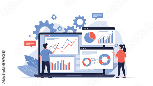 Software developers analyzing data charts and business graphs on a giant laptop screen with gear icons background.