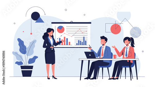 Professional woman presenting business charts and data analytics to two colleagues in a modern meeting room.