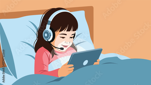 Young girl wearing a headset while using a digital tablet in bed for online learning or entertainment activities.