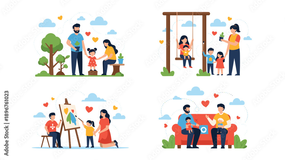 Fototapeta premium Various illustrations showing a happy family playing painting and gardening together to build strong relationships.