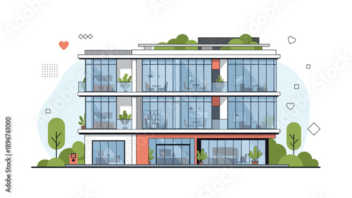 Modern multi-story apartment or office building with large glass windows and people visible inside doing tasks.