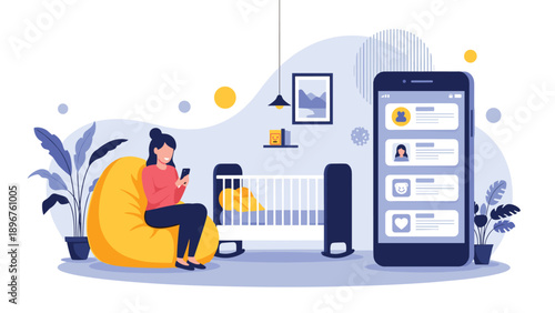 Young woman sitting in a bean bag chair and using her phone near a baby crib with an app screen on a large phone.