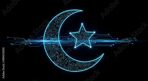Glowing blue crescent moon and star symbol with digital circuit lines on a black background representing technology and islamic culture