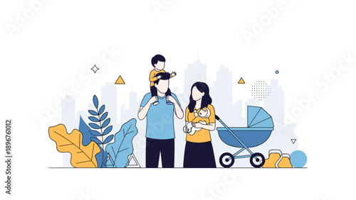 Happy young family with a baby in a blue stroller walking together in front of a modern city skyline backdrop.