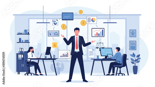 Professional businessman managing multiple tasks and financial data while juggling icons in a modern office environment.