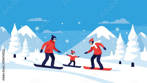 Family with a child enjoying a fun day of snowboarding on a snowy mountain slope during their winter vacation.