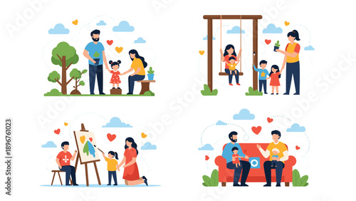 Various illustrations showing a happy family playing painting and gardening together to build strong relationships.