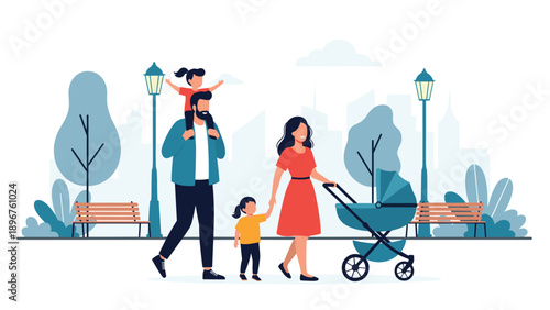 Happy young family with children and a baby in a stroller enjoys a sunny day walking through a beautiful city park together.