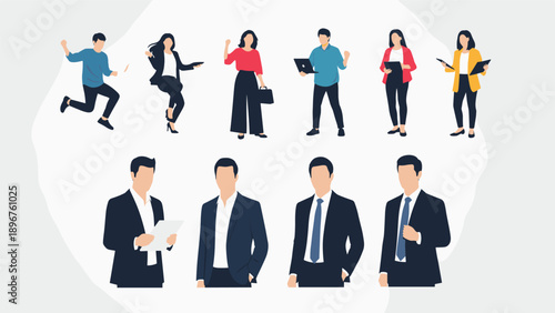 Set of diverse business people in various poses like jumping working on laptops and standing in professional attire.