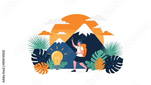Adventurous traveler walking through a tropical landscape with mountains and a giant lightbulb symbolizing creative ideas.