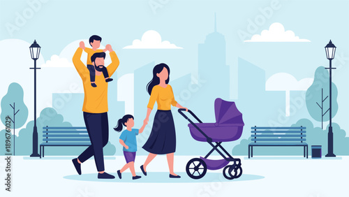 Cheerful family of four walks through an urban park setting with a baby stroller and skyscrapers visible in the distance.