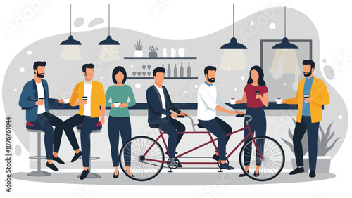 Diverse group of young people enjoying coffee and conversation in a modern cafe with a tandem bicycle as unique decor.