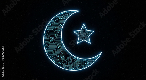 Glowing blue crescent moon and star symbol on dark background circuit board pattern neon outline futuristic design element