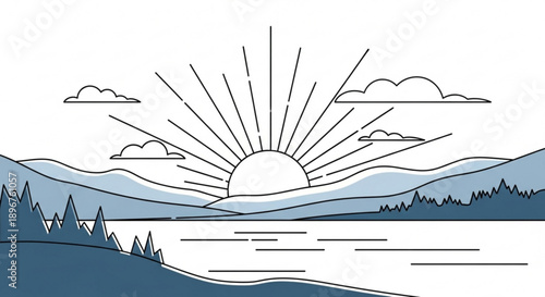 Sunrise over serene landscape with mountains trees and a calm lake symbolizing new beginnings and peaceful morning hours in nature